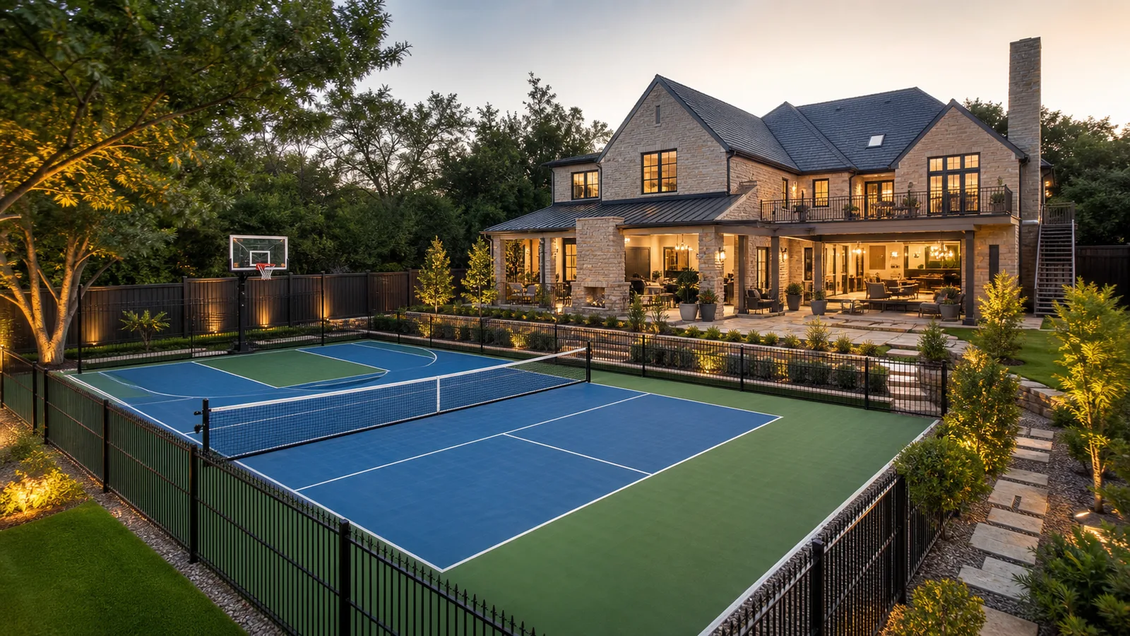 Backyard pickleball and multi-sport court at a Prosper, Texas home at dusk